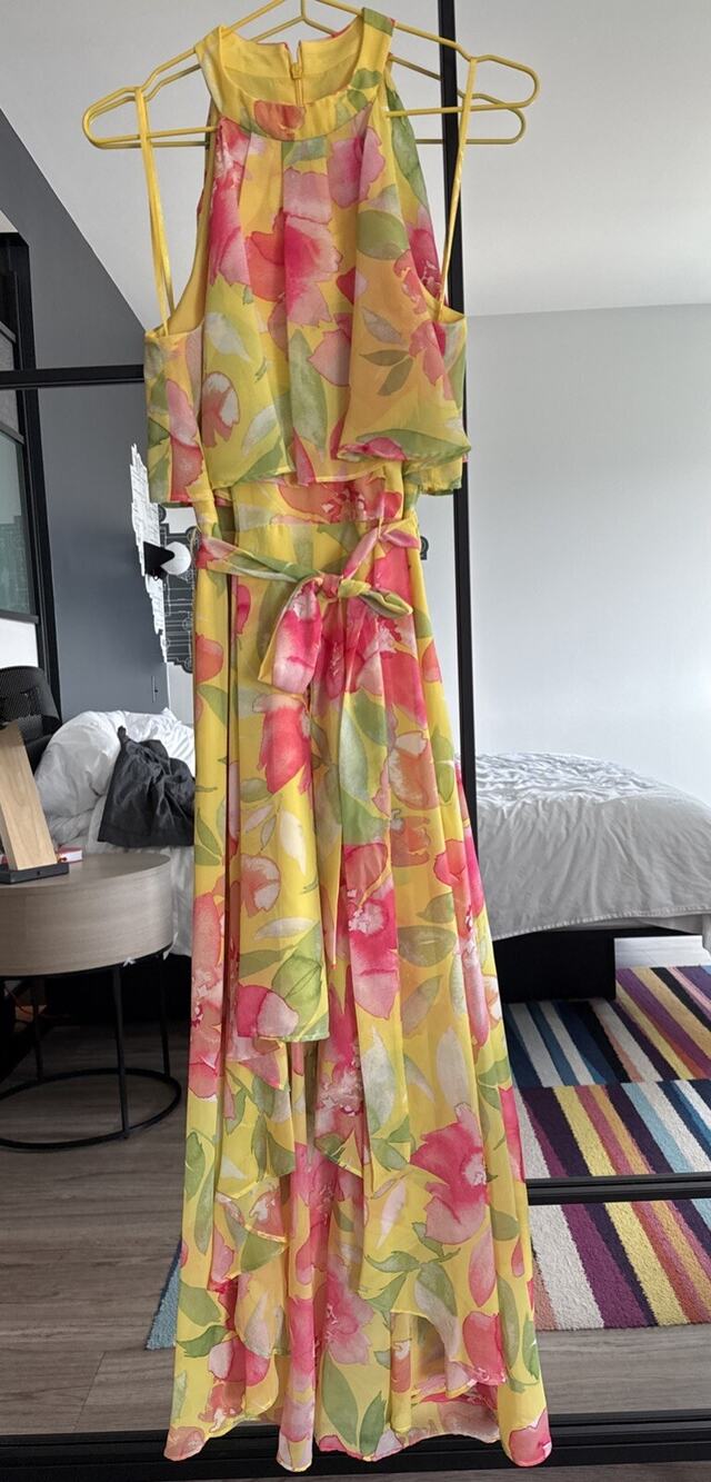 Eliza J Yellow Floral Ruffle Halter Chiffon Maxi Dress Womens Size 8